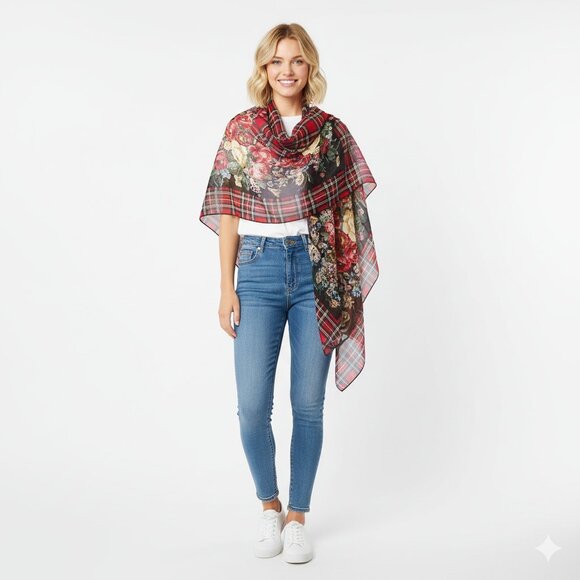 Ralph Lauren 100% Silk Scarf – Tartan Plaid with Floral Design 33”x33” Hand Rol - Picture 1 of 7